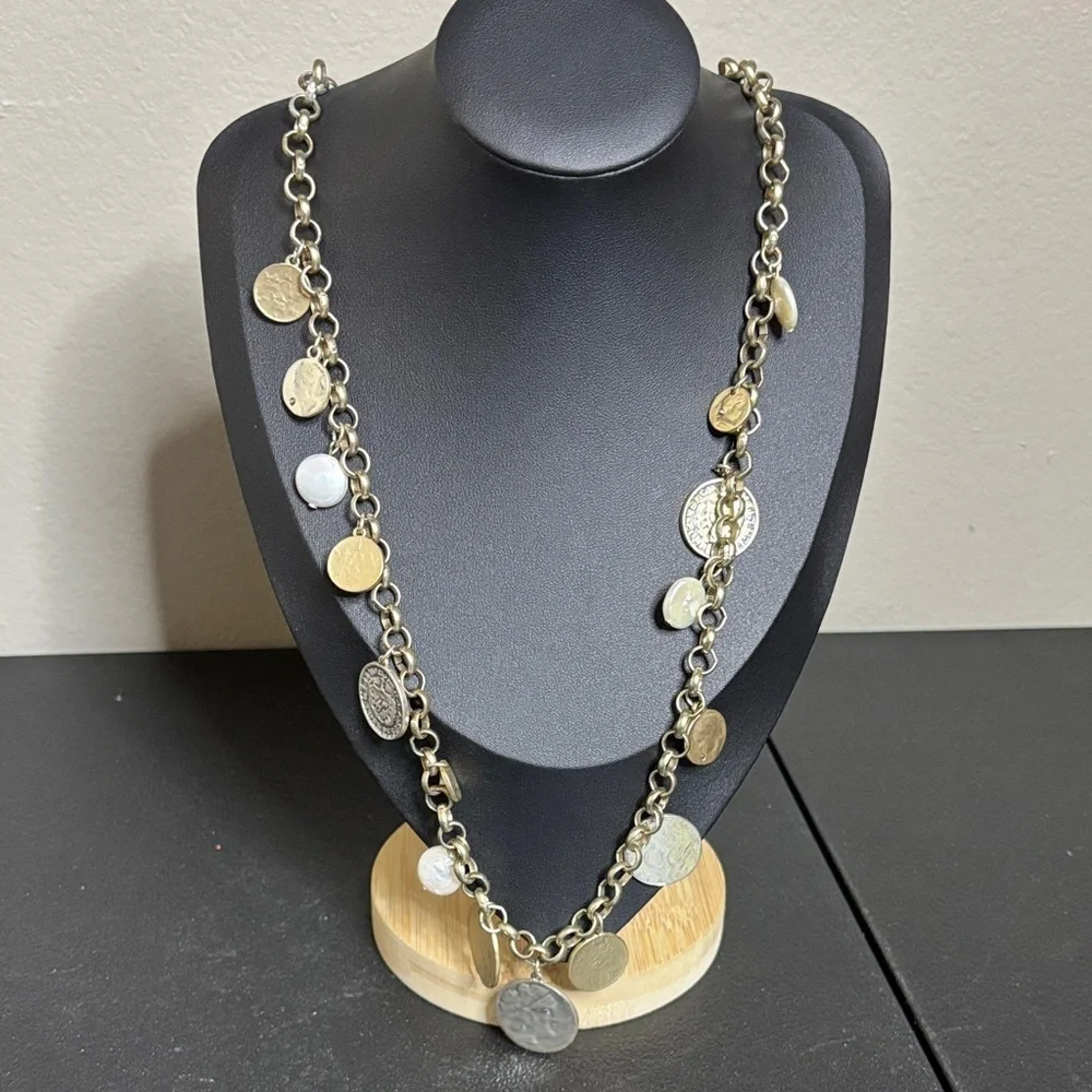 Chico’s Long Coin Silver Gold Tone Dangle Chain Necklace